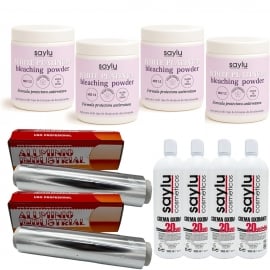 PACK INTEGRAL DECOLORACIÓN SAYLU (4 DECOLORACIONES + 4 OXIGENADAS + 2 ROLLOS PAPEL ALUMINIO)