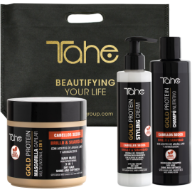 PACK BRILLO Y SUAVIDAD: CHAMPÚ 300ML + MASCARILLA 400ML + CREMA 100 ML DE PEINADO GOLD PROTEIN TAHE