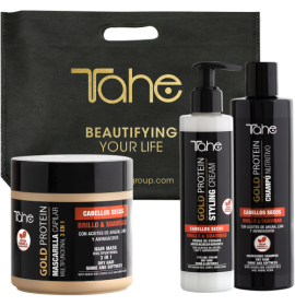 PACK BRILLO Y SUAVIDAD: CHAMPÚ 300ML + MASCARILLA 400ML + CREMA 100 ML DE PEINADO GOLD PROTEIN TAHE
